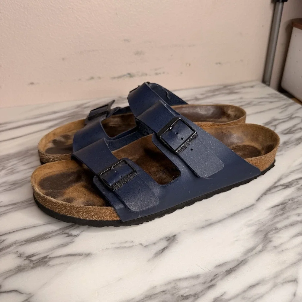 Birkenstock Arizona Navy Blue Leather 2 Strap Sandals Slides EU Sz 47 US Mens 14